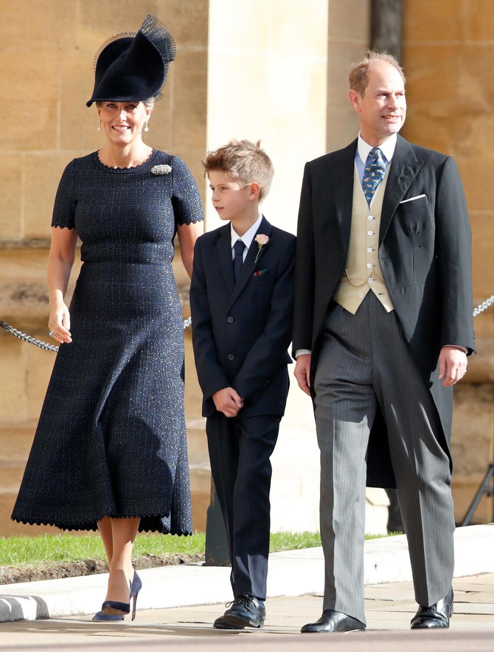 Sophie, Countess of Wessex, James, Viscount Severn and Prince Edward, Earl of Wessex attend the wedding of Princess Eugenie of York and Jack Brooksbank at St George's Chapel on October 12, 2018 in Windsor, England.