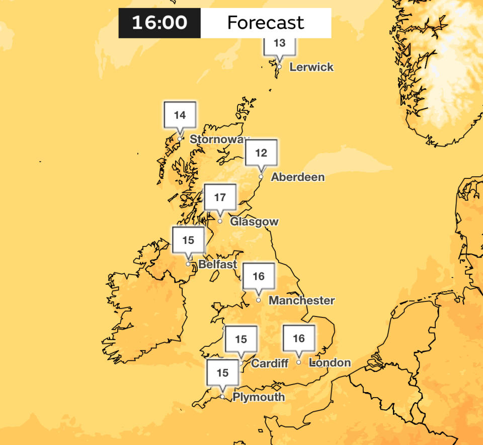 Temperatures will be in the mid to late teens on Sunday afternoon. (Met Office)