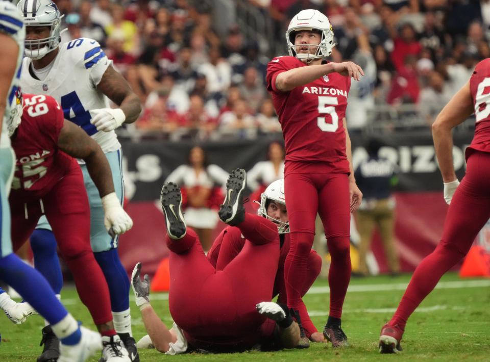 Arizona Cardinals kicker Matt Prater (5) watches his field goal attempt against the Dallas Cowboys at State Farm Stadium in Glendale on Set. 24, 2023.