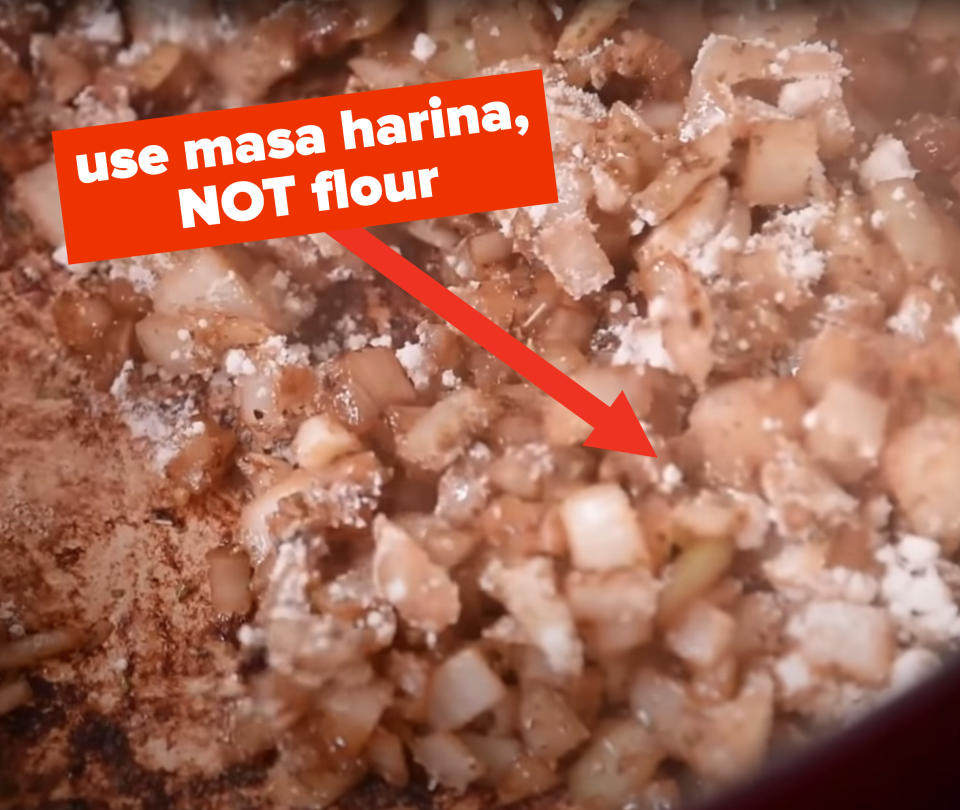 a closeup of food with an arrow and the words "use masa harina, not flour"