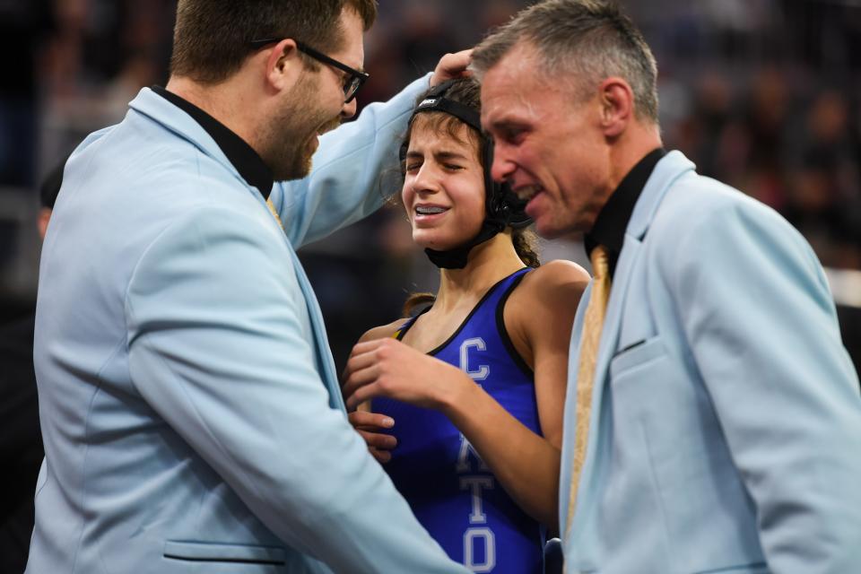 Canton seventh grader Finley Evjen is overcome with emotion after he state championship win on Saturday, Feb. 24, 2024 at the Denny Sanford Premier Center in Sioux Falls.
