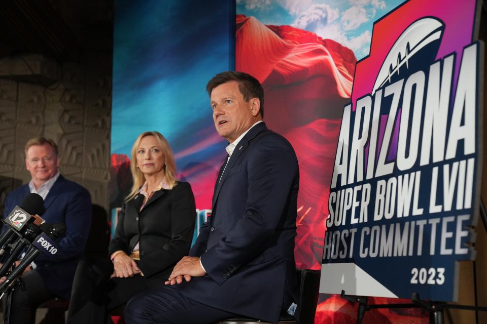 NFL Commissioner Roger Goodell, from left, CEO at Arizona Super Bowl Host Committee Jay Parry and Arizona Cardinals President Michael Bidwill speak during a news conference for Super Bowl LVII at the Arizona Biltmore on Wednesday, Oct. 26, 2022. 