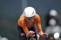 Annemiek van Vleuten of The Netherlands competes during the women's cycling individual time trial at the 2020 Summer Olympics, Wednesday, July 28, 2021, in Oyama, Japan. (AP Photo/Christophe Ena)