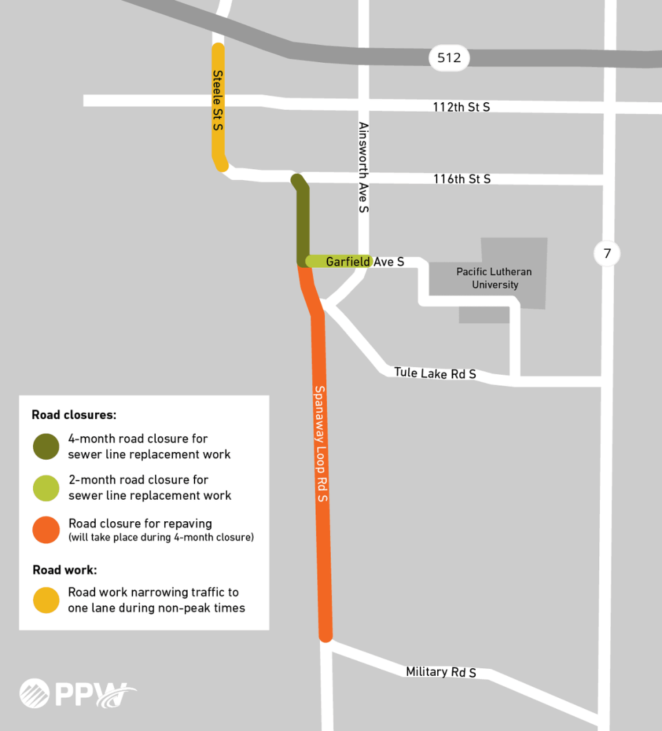 A map shows sections of Spanaway Loop Road South that will be closed between mid-June and early November 2024 due to ongoing infrastructure improvements and road work.