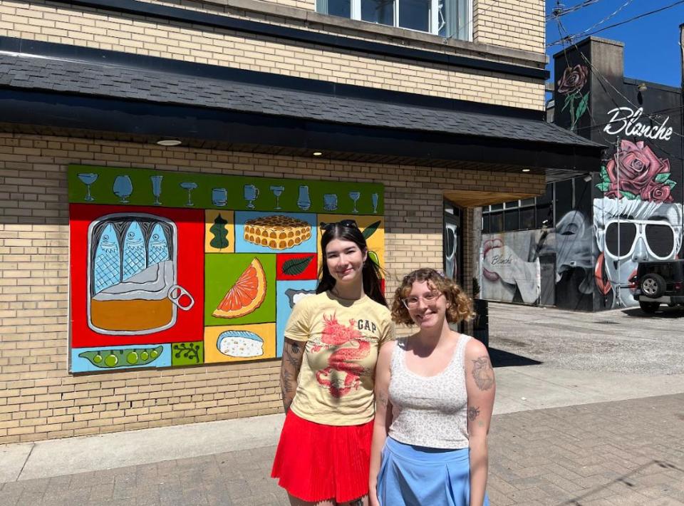 Alexandria Masse (left) and Kaley Beecroft (right) pose outside of their mural. The project took them approximately twenty hours to complete. 