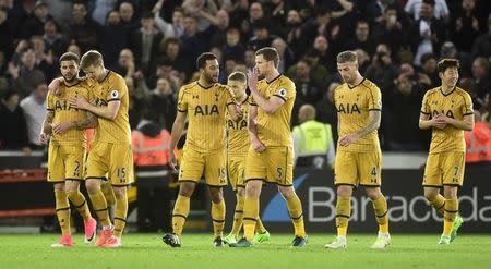 Britain Soccer Football - Swansea City v Tottenham Hotspur - Premier League - Liberty Stadium - 5/4/17 Tottenham players celebrates after the match Reuters / Rebecca Naden Livepic