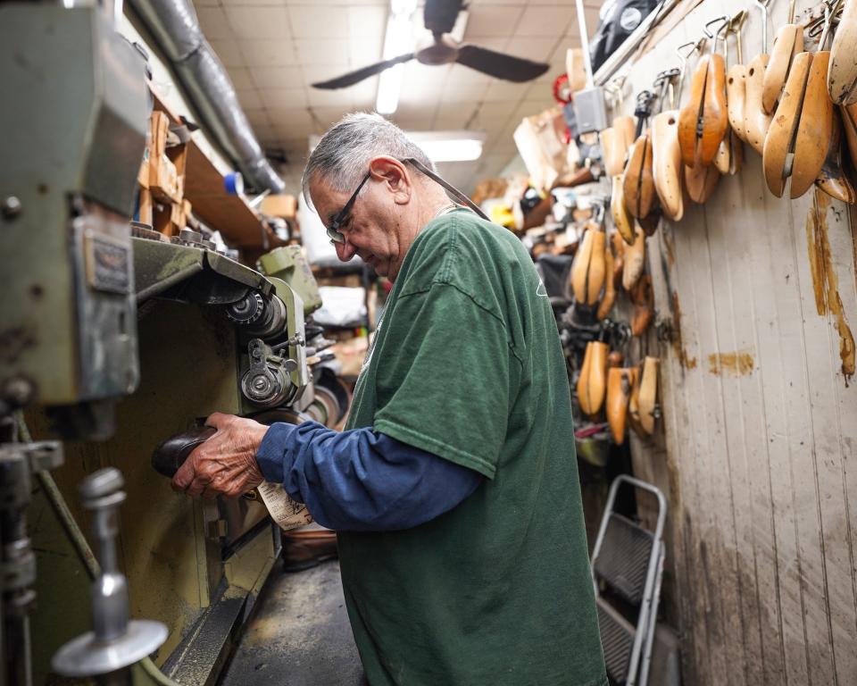 Dominick Ferrara of Rocco's Shoe Repair in Suffern repairs a pair of shoes for a customers. Tuesday, June 27, 2023.  
Dominick's father Rocco, moved the business in 1952 from NYC.  Dominick has been working in the store, repairing shoes and leather goods since 1972 after serving in the Marine Corps in Vietnam.