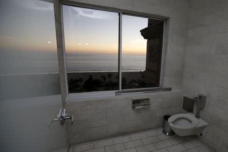 A toilet with a view of the Pacific Ocean is seen at Huntley Hotel in Santa Monica, California, United States, September 30, 2015. REUTERS/Lucy Nicholson