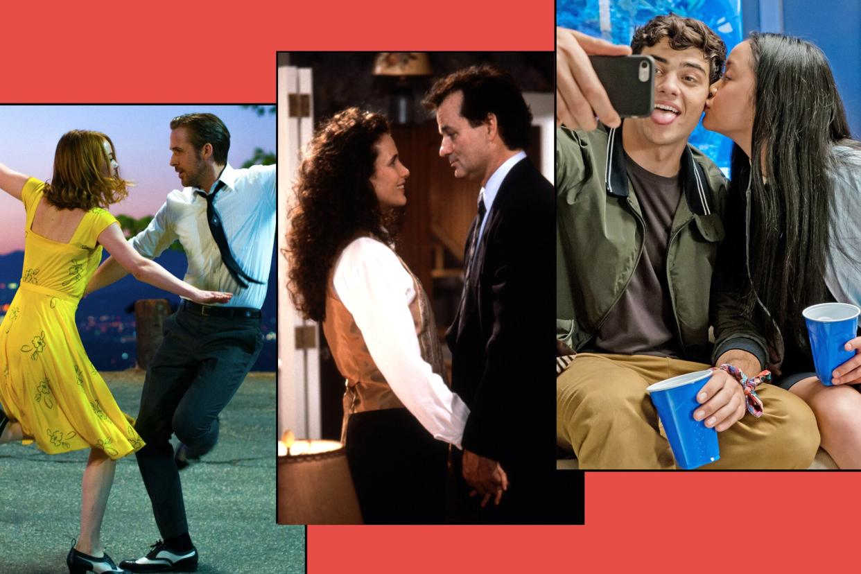 Emma Stone and Ryan Gosling in 'La La Land'; GROUNDHOG DAY, Andie MacDowell, Bill Murray '; Noah Centineo and Lana Condor in 'To All the Boys I've Loved Before'