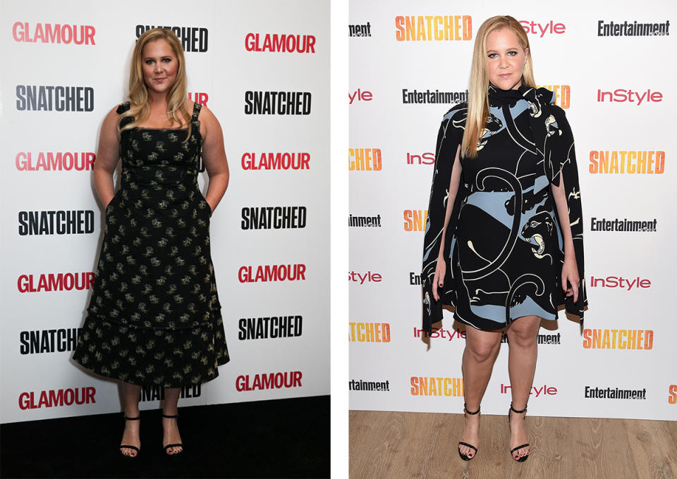 Left to right: Amy Schumer in Erdem; Amy Schumer in Valentino. (Photo: Getty Images)