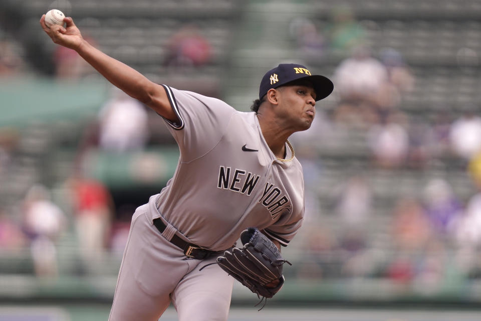 New York Yankees' Randy Vasquez delivers a pitch to a Boston Red Sox batter in the first inning of the first game of a baseball doubleheader, Tuesday, Sept. 12, 2023, in Boston. (AP Photo/Steven Senne)