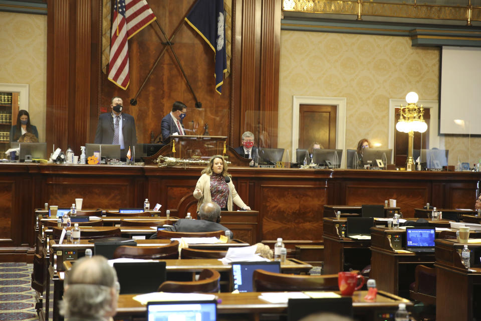 Rep. Melissa Lackey Oremus, R-Aiken, speaks in favor of an abortion bill as it is debated on Wednesday, Feb. 17, 2021 in Columbia, S.C. Democrats walked out, leaving members to speak to many empty seats. (AP Photo/Jeffrey Collins)