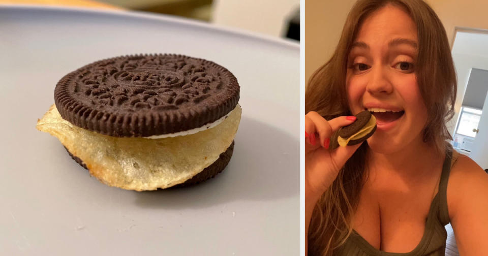 Hannah eating an Oreo with a potato chip inside