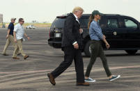 <p>President Donald Trump and Melania Trump walks to Air Force One at Ellington Field after meeting people impacted by Hurricane Harvey during a visit to Houston, Saturday, Sept. 2, 2017. (Photo: Susan Walsh/AP) </p>