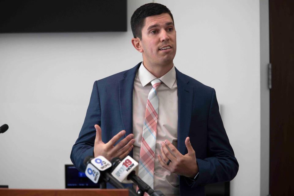 Brent Wethington, a Colerain Township police detective, participants in a news conference seeking the public's help in identifying three women found dead, but who have yet to be identified. Wethington talked about the unidentified woman found in the township on Sept. 10, 2021, in a vehicle with New Mexico license plates.