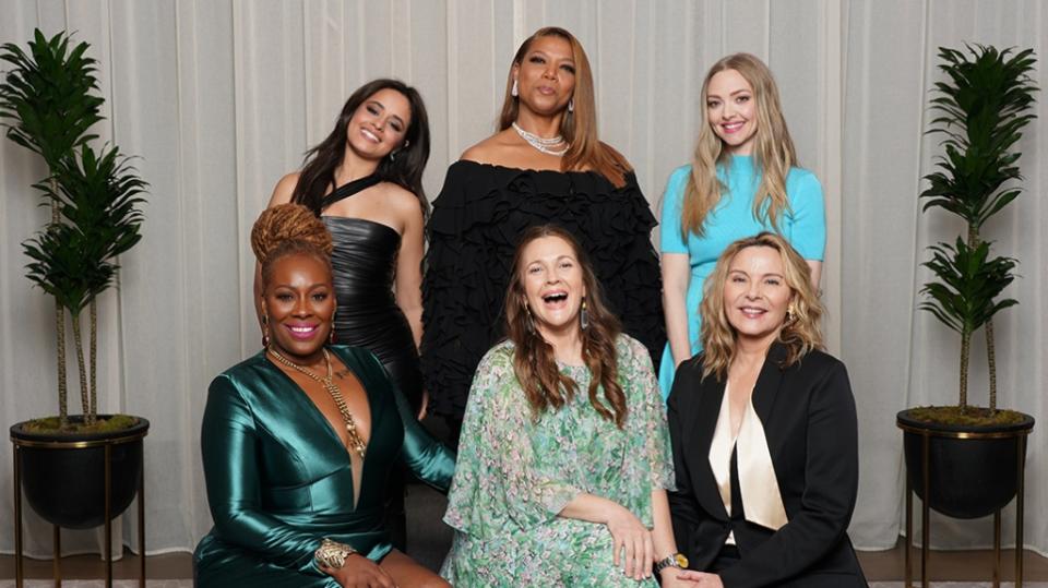 Variety Power of Women New York Class Photo 2022L-R Topeka K. Sam, Drew Barrymore, Kim Cattrall, Camila Cabello, Queen Latifah, Amanda Seyfried. - Credit: George Chinsee for Variety