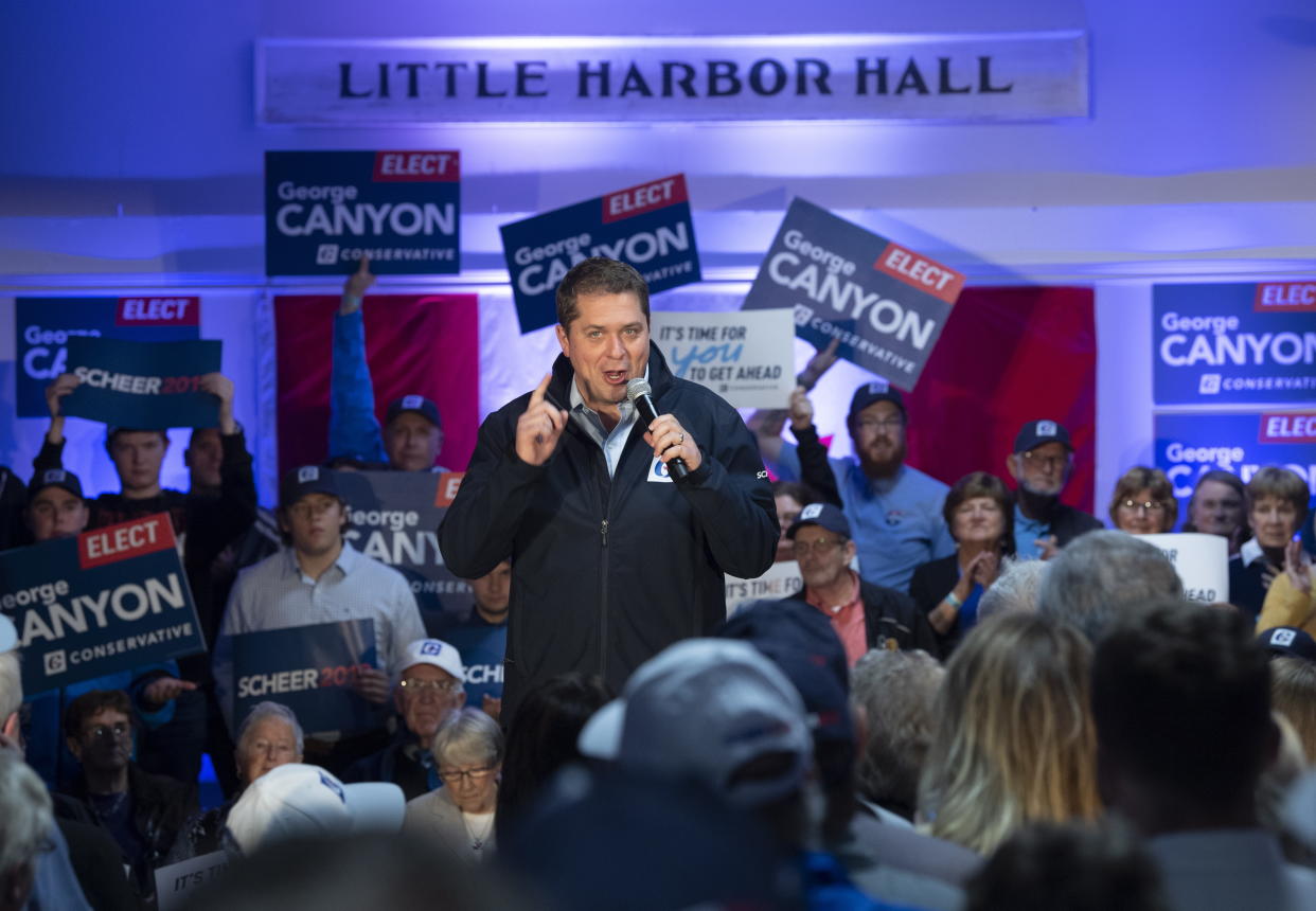 Conservative leader Andrew Scheer delivers a campaign speech to supporters in Little Harbour, Nova Scotia, Thursday Oct. 17, 2019. (Adrian Wyld/The Canadian Press via AP)