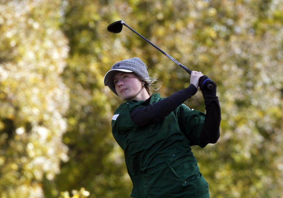 Akron St. Vincent-St. Mary's Raygan Hoover tees off during the Girls Division II State Championships on Oct. 15 at the Ohio State Golf Club Gray Course.