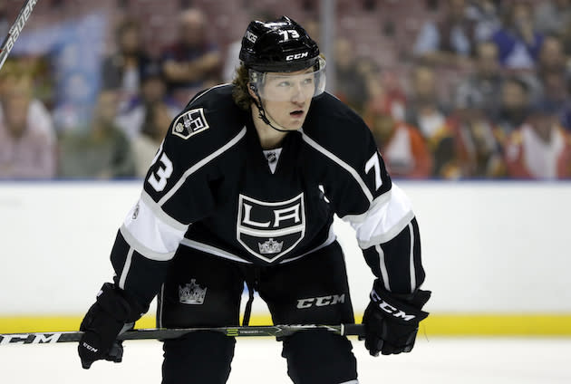 Los Angeles Kings center Tyler Toffoli (73) stands on the ice during the first period of an NHL hockey game against the Florida Panthers, Thursday, Feb. 9, 2017, in Sunrise, Fla. (AP Photo/Lynne Sladky)