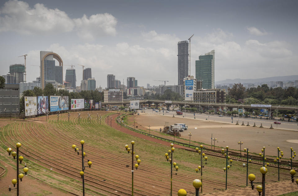 Meskel Square stands empty in central Addis Ababa, Ethiopia, Sunday, June 23, 2019. Ethiopia's government foiled a coup attempt in a region north of the capital and the country's military chief was shot dead, the prime minister Abiy Ahmed said Sunday in a TV announcement. (AP Photo/Mulugeta Ayene)