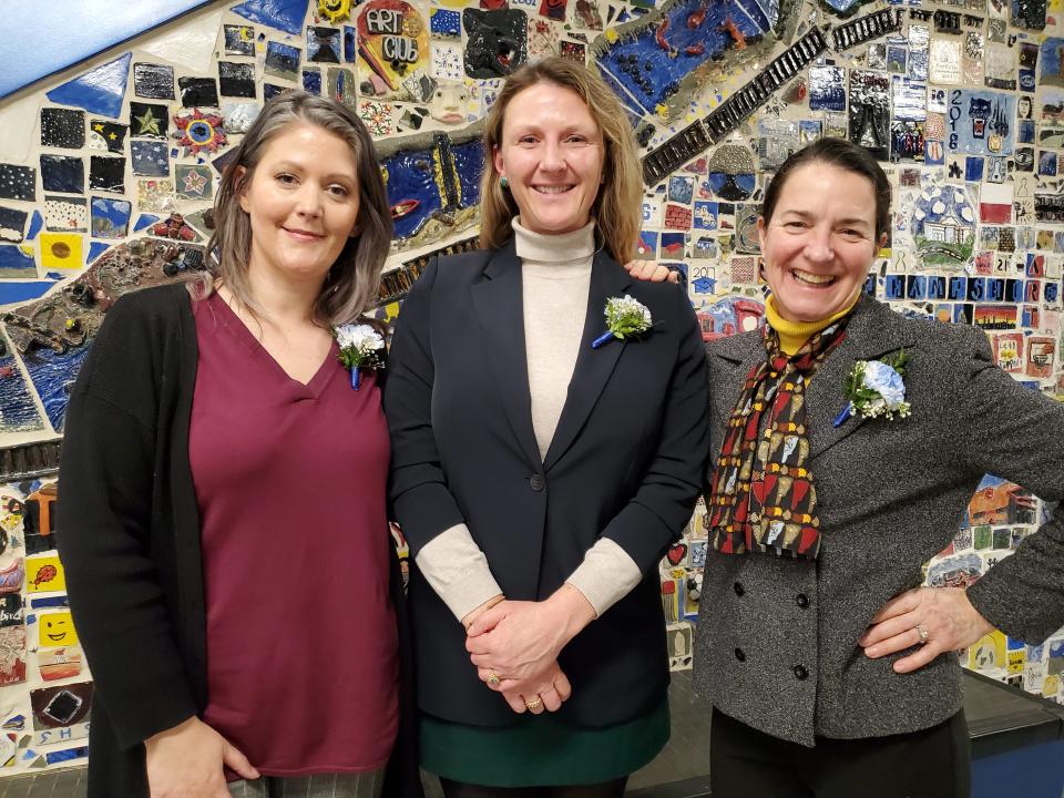 Somersworth School Board members Kari Clark, left, Maggie Larson, center, and Marcia Brown are seen during the city inauguration ceremony Thursday, Jan. 4, 2023 in the Black Box Theater at Somersworth High School's Career Technical Center.