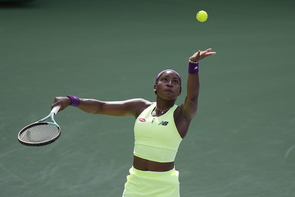 Coco Gauff, of the United States, serves to Yue Yuan, of China, during a quarterfinal match at the BNP Paribas Open tennis tournament, Thursday, March 14, 2024, in Indian Wells, Calif. (AP Photo/Mark J. Terrill)