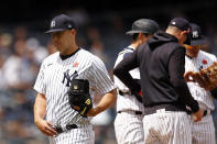 New York Yankees starting pitcher Jameson Taillon reacts as he is taken out of the game during the sixth inning of a baseball game against the Tampa Bay Rays on Monday, May 31, 2021, in New York. (AP Photo/Adam Hunger)