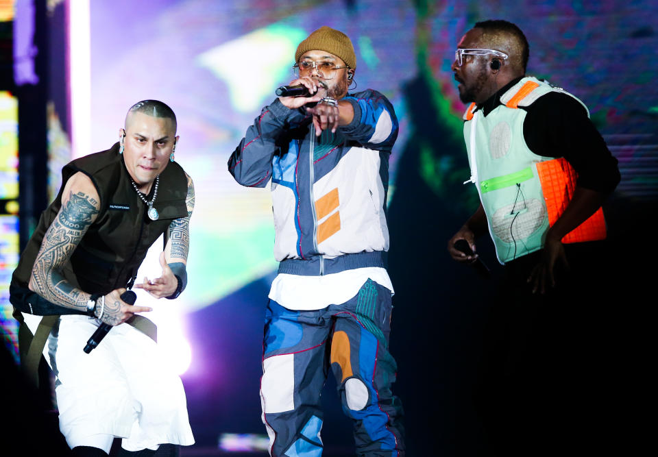 RIO DE JANEIRO, BRAZIL - OCTOBER 05: (L-R) Taboo, Apl.de.Ap and Will.I.am of Black Eyed Peas perform on stageduring Black Eyed Peas concert at Cidade do Rock on October 05, 2019 in Rio de Janeiro, Brazil. (Photo by Alexandre Schneider/Getty Images)