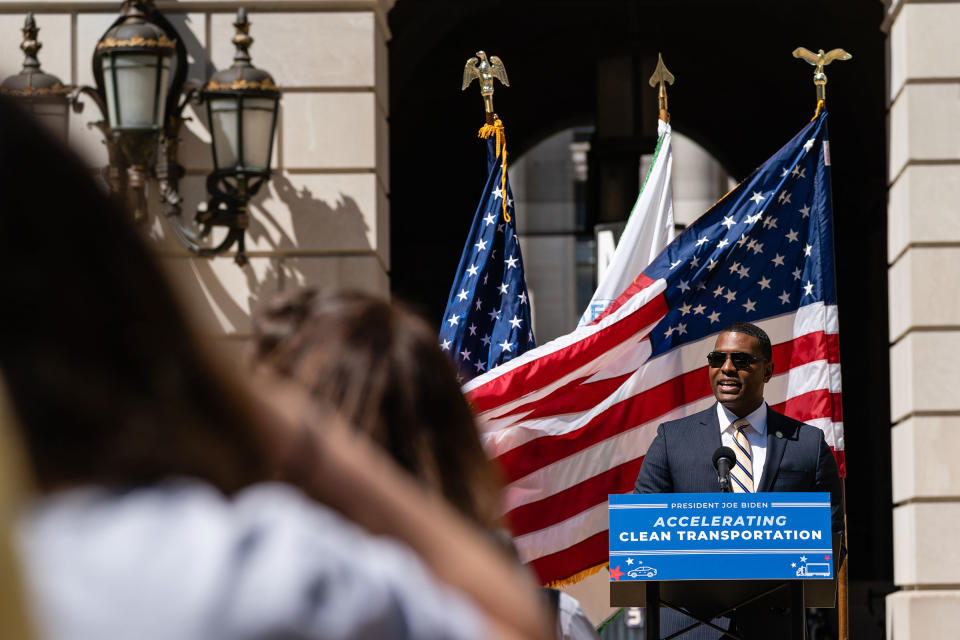 Regan pushes for rules to spur EV adoption at a news conference in Washington, D.C., on April 12, 2023<span class="copyright">Eric Lee—Bloomberg/Getty Images</span>