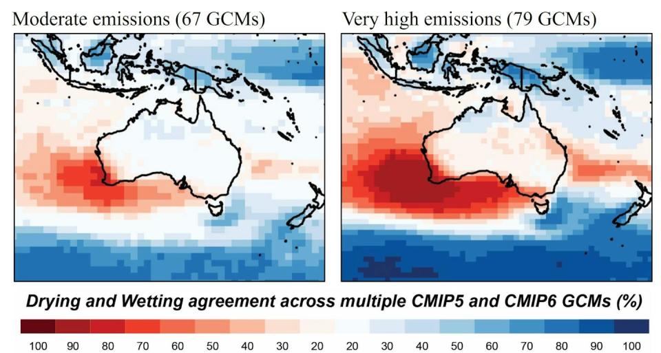 Red and blue regions show locations where drying and wetting was detected by multiple climate models Author provided