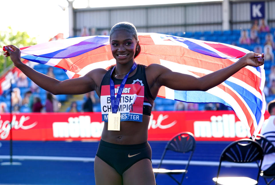 Dina Asher-Smith celebrates after winning the Women's 100 metre final during day two of the Muller British Athletics Championships at Manchester Regional Arena. Picture date: Saturday June 26, 2021. (Photo by Martin Rickett/PA Images via Getty Images)