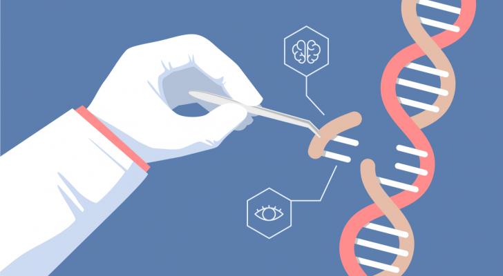 An image of a scientist holding forceps, taking a piece of a DNA helix