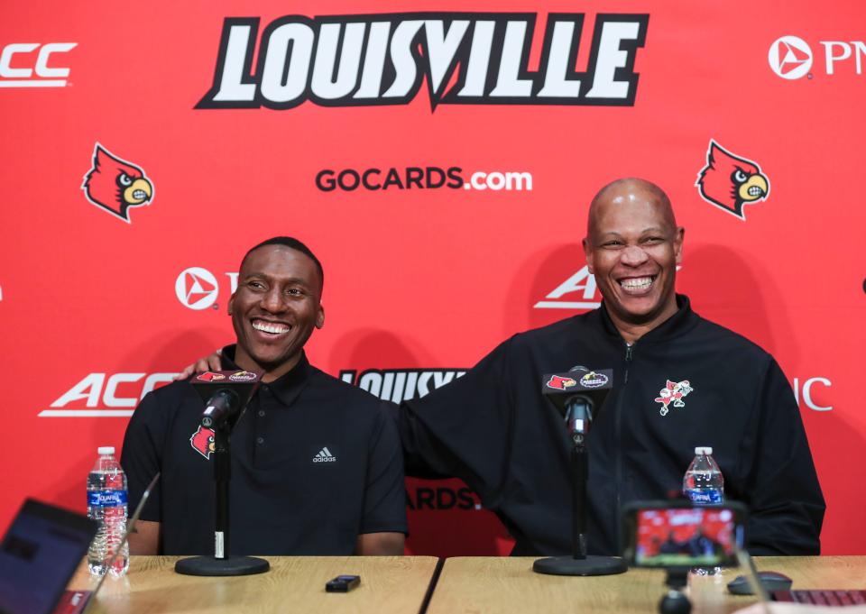 "To have this Card on my chest means the world to me" said new assistant coach Nolan Smith after UofL head basketball coach Kenny Payne smiles while introducing during Smith during the former Duke assistant coach's introductory press conference Monday afternoon. April 11, 2022