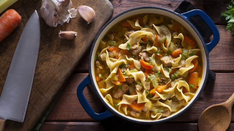 large bowl of chicken noodle soup