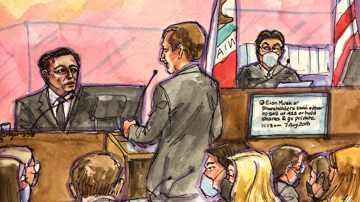 Tesla CEO Elon Musk is questioned by the investors' attorney Nicholas Porritt before Judge Edward Chen as a screen displays one of Musk's tweets, during a securities-fraud trial at federal court in San Francisco, California, U.S., January 23, 2023 in this courtroom sketch. REUTERS/Vicki Behringer