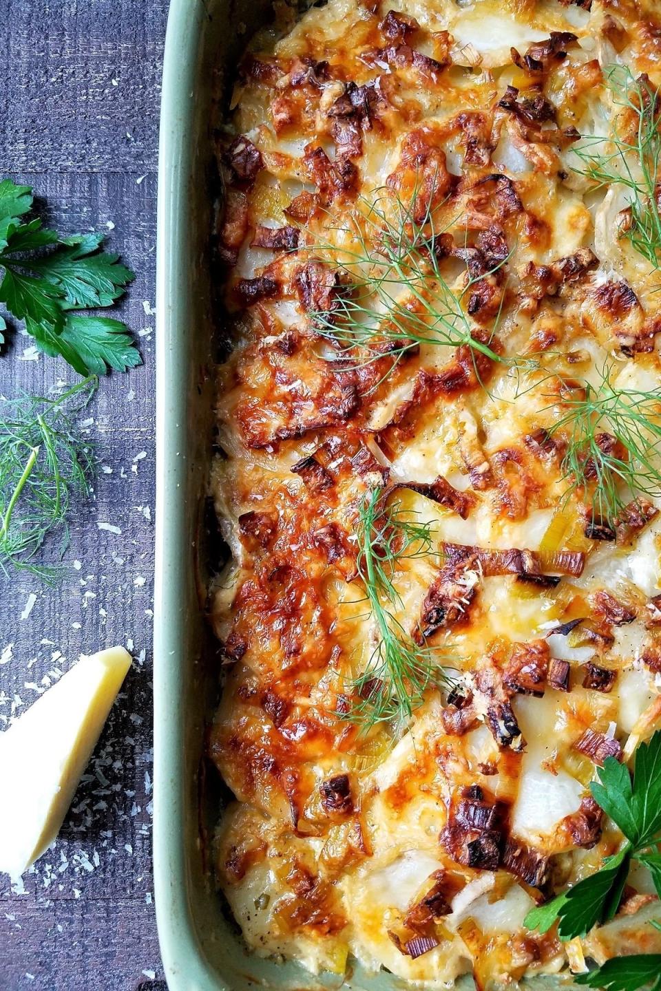 A casserole dish with potato leek gratin