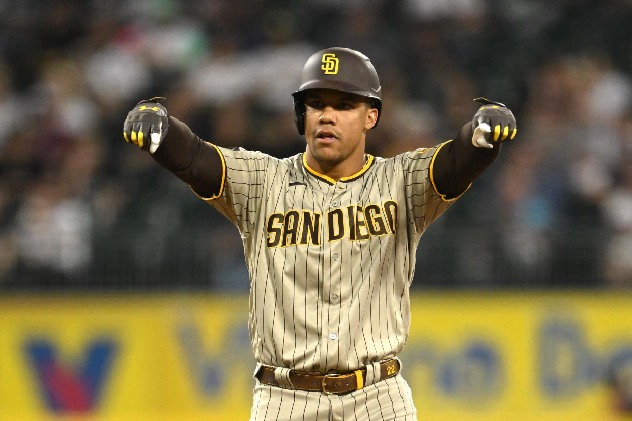CHICAGO, ILLINOIS - SEPTEMBER 30: Juan Soto #22 of the San Diego Padres reacts after an RBI double in the second inning against the Chicago White Sox  at Guaranteed Rate Field on September 30, 2023 in Chicago, Illinois. (Photo by Quinn Harris/Getty Images)