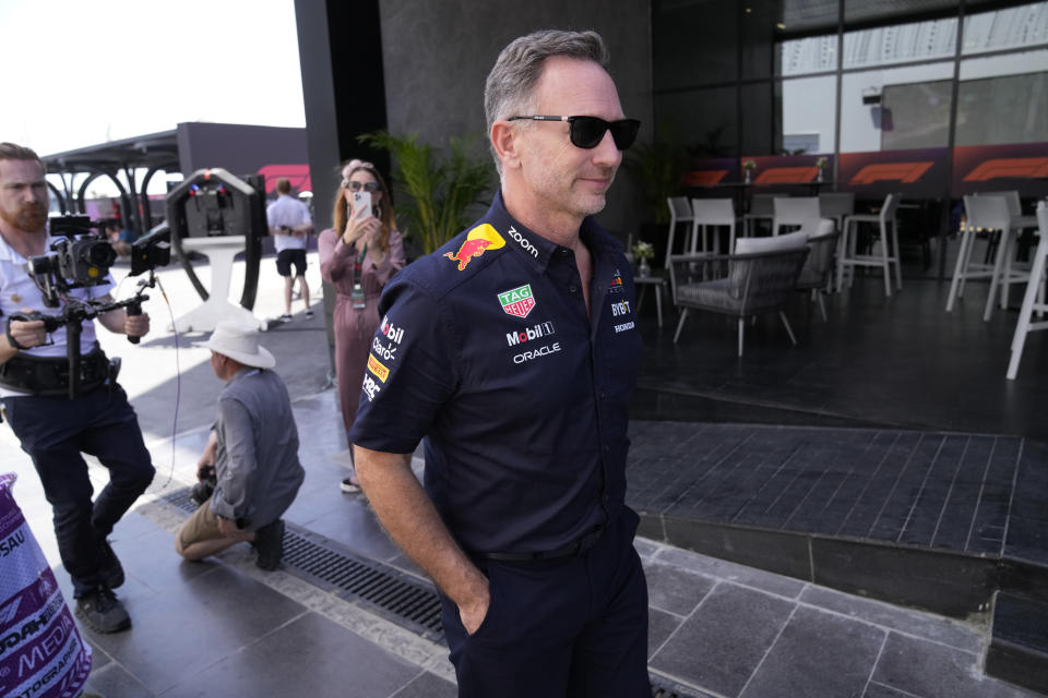 Red Bull team principal Christian Horner arrives at the circuit for the first practice session ahead of the Formula One Saudi Arabian Grand Prix at the Jeddah Corniche Circuit in Jeddah, Saudi Arabia, Thursday, March 7, 2024. The Saudi Arabian Grand Prix will be held on Saturday, March 9, 2024. (AP Photo/Darko Bandic)