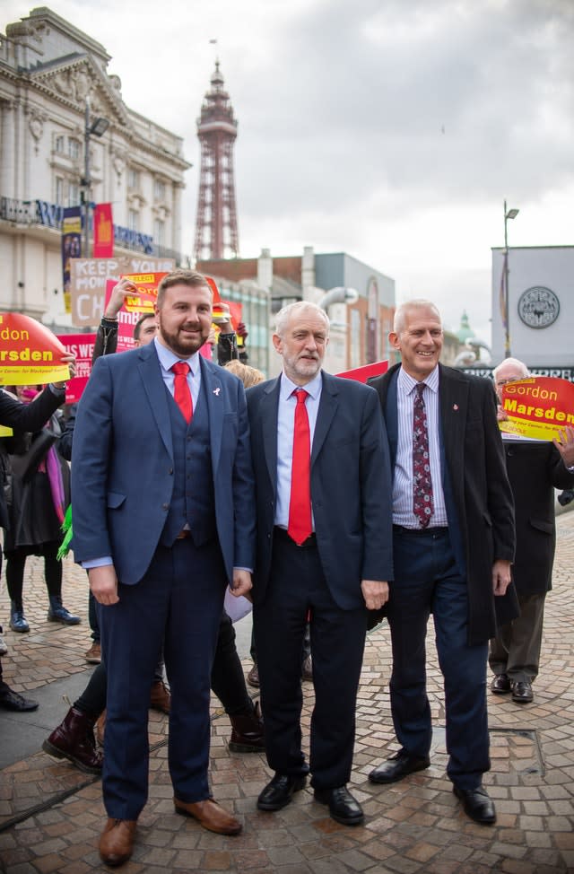 Labour Party leader Jeremy Corbyn with parliamentary candidate for Blackpool North and Cleveleys Chris Webb, left, and parliamentary candidate for Blackpool South Gordon Marsden in Blackpool