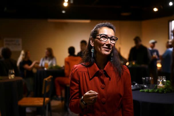 PHOTO: U.S. House candidate Mary Peltola speaks with reporters at her campaign party at 49th State Brewing in Anchorage, Alaska, on Aug. 16, 2022. (Kerry Tasker/Reuters)