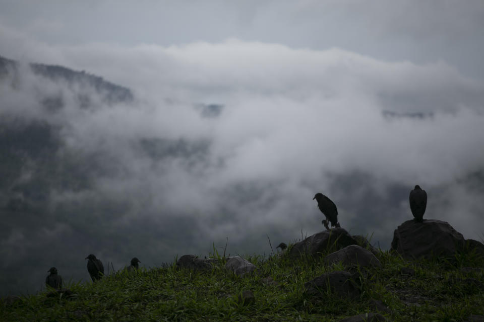 Las nubes de lluvia se ciernen sobre las montañas durante la tormenta tropical Amanda en Barberena, este de Guatemala, el domingo 31 de mayo de 2020. (AP Foto/Moises Castillo)