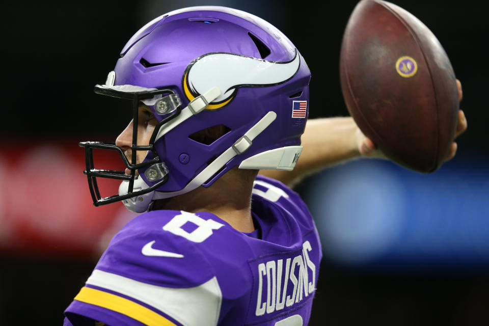 Jan 5, 2020; New Orleans, Louisiana, USA; Minnesota Vikings quarterback <a class="link " href="https://sports.yahoo.com/nfl/players/25812" data-i13n="sec:content-canvas;subsec:anchor_text;elm:context_link" data-ylk="slk:Kirk Cousins;sec:content-canvas;subsec:anchor_text;elm:context_link;itc:0">Kirk Cousins</a> (8) throws a pass during warm ups before a NFC Wild Card playoff football game against the New Orleans Saints at the Mercedes-Benz Superdome. Mandatory Credit: Chuck Cook -USA TODAY Sports