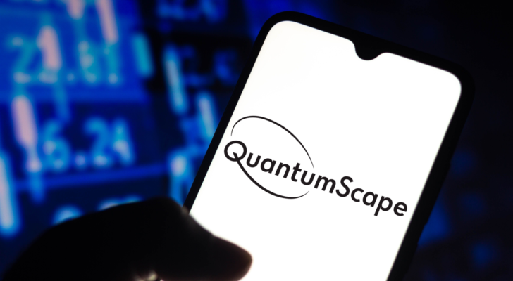 In this photo illustration the QuantumScape (qs) logo seen displayed on a smartphone screen