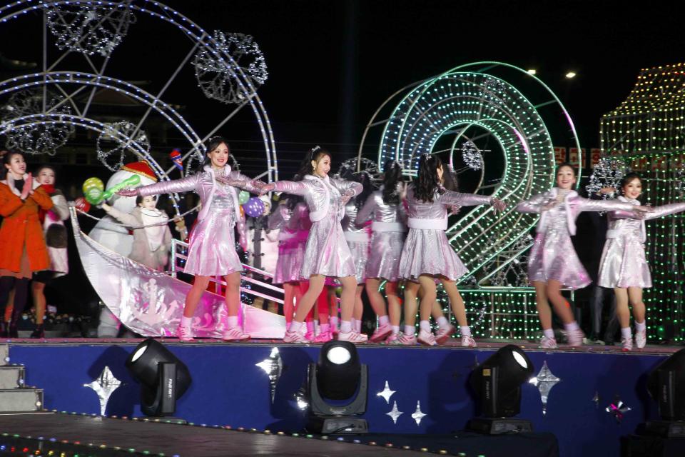 Dancers perform during celebrations to mark the New Year, at Kim Il Sung Square in Pyongyang, North Korea, early Friday, Jan., 1, 2021. (AP Photo/Jon Chol Jin)