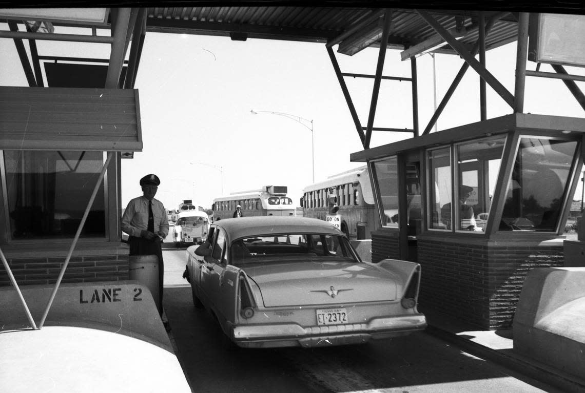 Oct. 9, 1958: Dallas-Fort Worth Turnpike toll plaza and traffic bound for the University of Texas vs. University of Oklahoma football game.