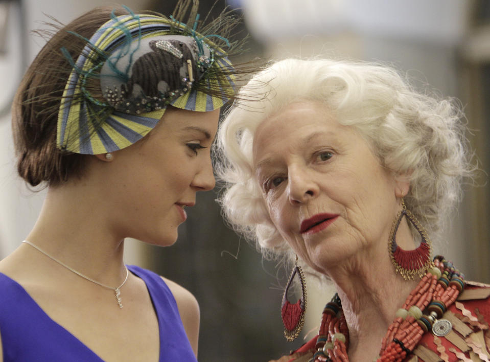 FILE - Oscar-nominated actress Jane Alexander, right, who plays Britain's Queen Elizabeth II, in the TV movie "William & Kate: A Royal Love Story", speaks to British actress Alice St. Clair, who plays Kate Middleton, on the set in Bucharest, Romania, on May 20, 2011. (AP Photo/Vadim Ghirda, File)