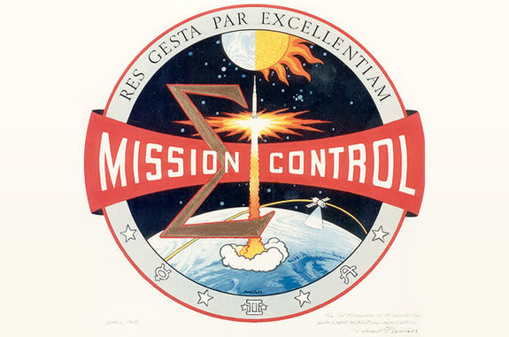 Robert McCall's original art for the "Mission Control" emblem, as suggested by flight director Gene Kranz in 1972.