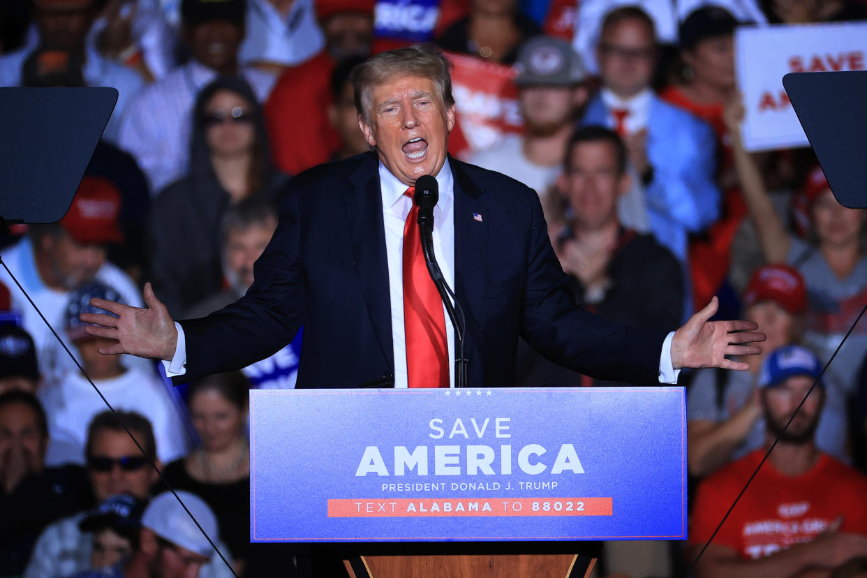 Former President Donald Trump addresses supporters during a 