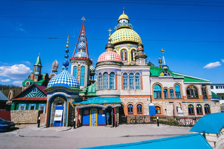 <span class="caption">The Temple of All Religions (Universal Temple), Kazan, Russia, consists of several types of religious architecture (church, mosque, synagogue).</span> <span class="attribution"><a class="link " href="https://www.shutterstock.com/image-photo/kazan-russia-may-2019-temple-all-1410704393?src=boZrcZR7J0wCQZztfwmq4A-1-82&studio=1" rel="nofollow noopener" target="_blank" data-ylk="slk:Sweetland Studio/Shutterstock.com;elm:context_link;itc:0;sec:content-canvas">Sweetland Studio/Shutterstock.com</a></span>