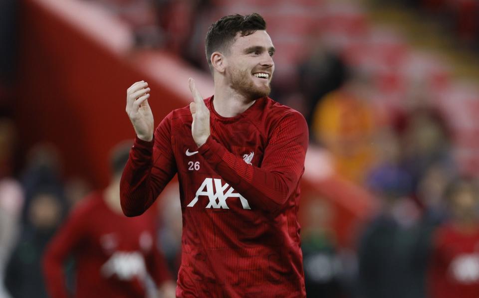 Andrew Robertson of Liverpool applauds the fans before the UEFA Europa League match between Liverpool FC and R. Union Saint-Gilloise at Anfield on October 5, 2023 in Liverpool, England